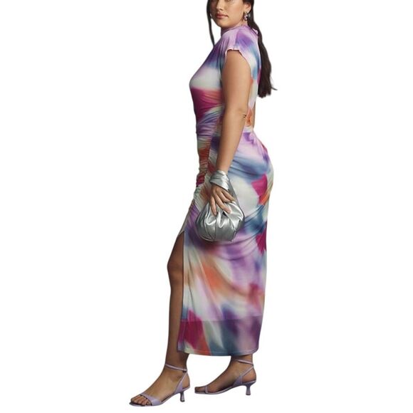 EUC Anthropologie The Maya Ruched Cowl Neck Dress Mesh Shirred Tie Dye Women M - Picture 7 of 7